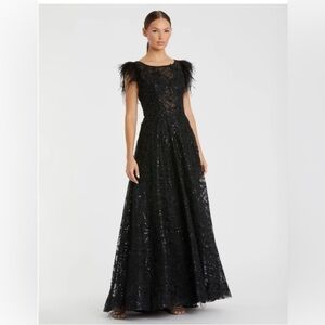 Black Embellished Boat Neck A-Line Gown with Feather Sleeves size 18. NWT